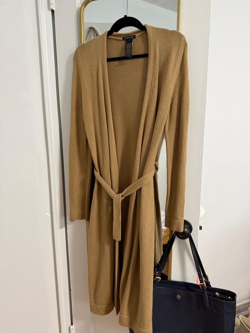 Silk duster cardigan beige tan Kenneth Cole